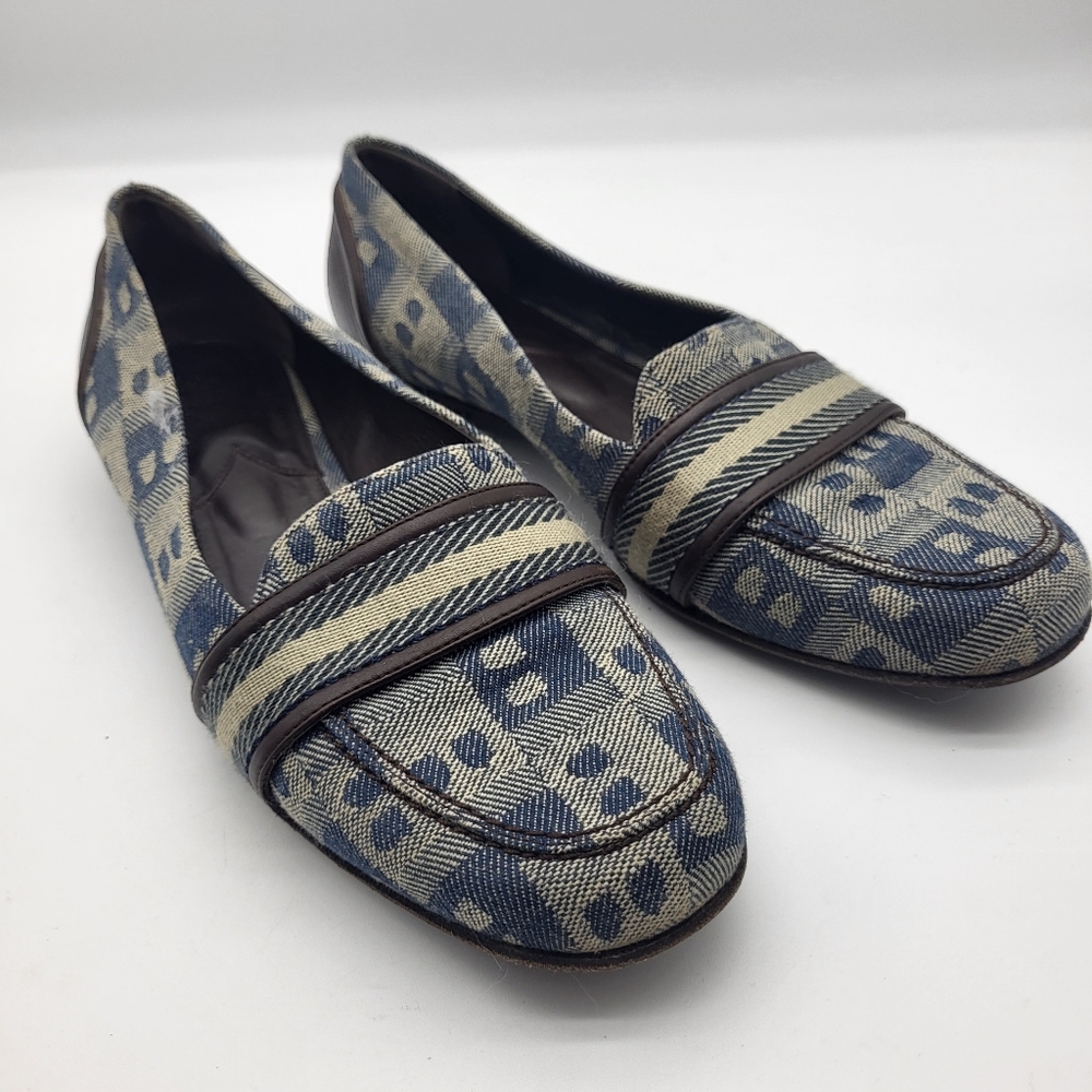 Bally printed canvas with leather brown back slip on loafers Size 8.5